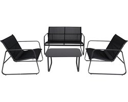Tuin Meubelen Loungeset - 4 Persoons - Tuinset - Comfort - Zwart - Tafel Glazen Blad - Stoelen - Sofa - Bank - 4-delig
