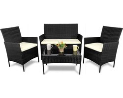 tuin meubelset- bank + 2 stoelen + tafel met glazen dienblad- zwart- compleet tuin set