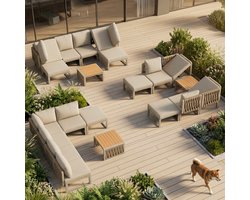 Tuin Meubelset met hoogwaardige zit- en rugkussens, tuinstoel voor 6 personen, tweepersoons ligstoel voor buiten, verstelbare rugleuning, beige