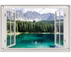 Tuin poster - Tuin decoratie - Doorkijk - Meer - Bos - Berg - Tuinversiering - Terras - Tuindecoratie wanddecoratie - Muurdecoratie buiten - 60x40 cm - Buitenschilderijen voor in de tuin - Decoratie tuin om op te hangen - Tuindoek - Buitenposter