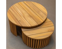 Tuin Salontafelset Negara 77x77x41 cm & 56x56x34 cm – Set van 2 Ronde Teakhouten Loungetafels – Bijzettafels Gerecycled Teak – Outdoor Tafelset – Naturel