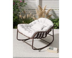 Tuin Schommelstoel PE Rotan Met Dikke Kussen - Egg Chair Voor Binnen en Buiten - Lounge Fauteuil - Voor Woonkamer, Veranda, Tuin, Terras, Achtertuin - Wit