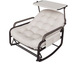 Tuin Schommelstoel van rotan - verstelbare rugleuning, verstelbare zonnekap, opvouwbare voetensteun en gewatteerd kussen, buitenstoel voor terras, beige