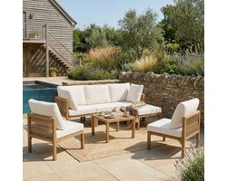 Tuin tafel- en stoelencombinatie - tuingarnituur - hoekbank - buitenloungebed - eettafel - ligstoel - modulaire bank - beige en houtkleur