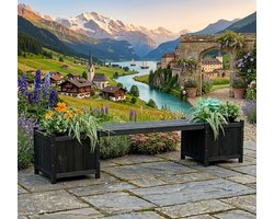 Tuinbank, 2-zits, houten bank, 180 cm, met plantenbak, houten tuinbank voor buiten