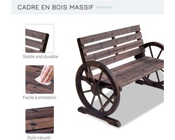 Tuinbank, 3-zits houten bank, rustieke chique stijl, armleuningen, wielen, met houtskool behandeld vurenhout, kastanjebruin