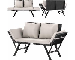 Tuinbank – Buitenbank – Zitbank – Balkonbank – Loungeset – Polyrattan – Verstelbare Armleuningen – Weerbestendig – Inclusief Kussen – 176 cm