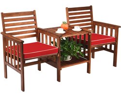 Tuinbank Hout met Dubbele Zitting en Bijzettafel Houten Bank tot 350 kg Zitbank Incl. Kussen & Parasolgat Acaciahout Kwaliteit Rood