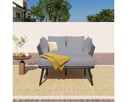 Tuinbank met 2 Kussens en 2 Rugkussens, Zonnebank voor Buiten, Tuinloungeset, Balkonmeubelset, Loungemeubelen, Terrasmeubelen, Kussens afneembaar en wasbaar, Grijs