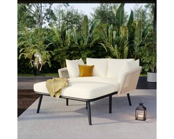 Tuinbank met 2 kussens en 2 stofferingen, ligstoel voor buiten, tuinlounge, balkonmeubelset, loungemeubel, terrasmeubilair, kussens zijn afneembaar en wasbaar, beige