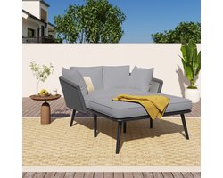 Tuinbank met 2 kussens en 2 stofferingen, ligstoel voor buiten, tuinlounge, balkonmeubelset, loungemeubelen, terrasmeubelen, kussens zijn afneembaar en wasbaar, grijs