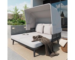 Tuinbank met Intrekbare Luifel 151x146x145 cm voor 2 Personen – Loungesofa met 10 cm Dik Kussen, Handgeweven Touw, Verzinkt Stalen Frame, Weerbestendig Tuinmeubel voor Balkon, Terras en Tuin Grijs – Mobili Bella