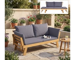Tuinbank met Ligfunctie 198 x 75 x 75 cm Acaciahouten Gartensofa met Verstelbare Armleuningen, Inclusief Kussens en Omvormbaar tot Loungesofa voor Tuin, Terras en Balkon Grijs - Mobili Bella