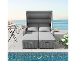 Tuinbank met Luifel 196x130x152 cm Polyrotan Loungesofa & Ligbed voor 2 Personen met Verstelbaar Uitschuifbaar Ligvlak, Inclusief Dikke Kussens en Afneembare Zonwering Grijs – Mobili Bella
