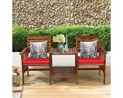 Tuinbank met Tafel – 2-Zits Acaciahouten Bank met Parasolgat en Zitkussen – Weerbestendig voor Buiten – Bruin & Rood