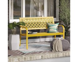 Tuinbank Metaal 125x61x86 cm – 2-3 Zits Vintage Parkbank met Rugleuning en Armleuningen, Stalen Frame, Gietijzer Look, Weerbestendig voor Tuin, Balkon en Terras – Zwavelgeel – Laura