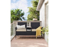 Tuinbank Set Balkon 2-Zits met Tafel 65x131x84 cm – Compact Modern PE-Polyrotan Outdoor Meubel met Kussens voor Terras, Tuin en Balkon – Zwart/Taupe – Laura