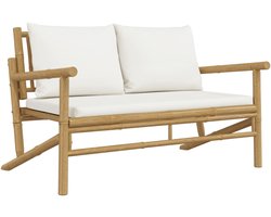 Tuinbank | Tuinbankje | Buitenbank | Tuinstoel met crèmewitte kussens bamboe