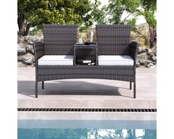 Tuinbank van polyrotan voor 2 personen - met kussens en geïntegreerde tafel, buitenstoel voor terras, fauteuil voor terras, balkon en veranda, zwart