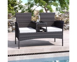 Tuinbank voor 2 personen | Bruin rotan met wit kussen, comfortabel 2-zits ontwerp + geïntegreerd tafeltje voor drankjes en snacks, weerbestendig en stijlvol voor balkon of tuin