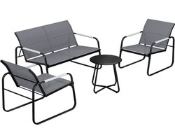 Tuinbankenset, 111x71x75 cm(Bankstel)+71x60x75cm(stoel)+46x46x45cm(tafel), grijs, loungeset voor vier personen, bestaande uit 1 tweezitsbank, 2 fauteuils en 1 ronde tafel, ademend ontwerp, geschikt voor terrassen, balkons en tuinen.