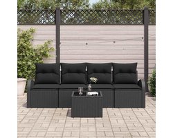 Tuinbankset 5-delig zwart polyrotan met opbergruimte, zitgroep voor buiten met kussens van schuim en polyester, gepoedercoat stalen frame, uv-bestendig