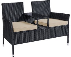 Tuinbankset - Loveseat voor buiten - Terrasmeubilair - Stalen frame - PE rieten - Schuimkussens - Tafelblad van gehard glas - Zwart-Taupe - 65 cm x 131 cm x 84 cm