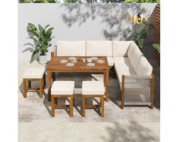 Tuinbankset - tuinsmeubels met kussens - hoekbank - buiten tafel- en stoelen set - voor 7–8 personen - beige en houtkleur
