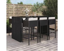 Tuinbarset 7-delig met Bartafel en 6 Barkrukken 185x80x110 cm – Luxe Poly Rattan Barset met Kussens en Glazen Tafelblad – Weerbestendig Outdoor Tuinmeubel – Zwart – HomebyNicole