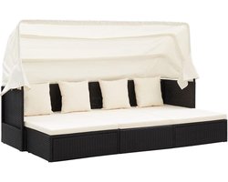 Tuinbed met dak, slaapbank met zonnedak, zonnebed, sofa, bed, ligbed, lounge-bed, slaapbed, zonnebed met klaptafel, zwart, polyrotan