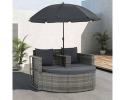 Tuinbed met parasol - Loungebed dubbel - Ontspannen buiten - Onderhoudsvriendelijk rotan - 130 cm breed - Grijs