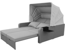 Tuinbed - Tuinsofa - Tuinlounge - Tuinstoel - Tuinligbed - Buitenmeubilair - 3 Verschillende Standen - 4 Kussens - 2 Personen - Zonnewering - Uitklapbaar - UV werend - Lang Meegaand Materiaal - Grijs - Veelzijdig