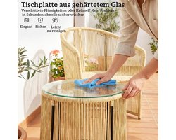 Tuinbistroset voor 2 personen 3-delige Balkon Lounge Set 65x62x76 cm – Weerbestendig Rotan Outdoor Meubel met Comfortabele Kussens en Ronde Glazen Tafel – Crème | Laura