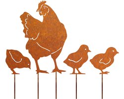 Tuindecoratie buiten - 4 Stuks Metalkip - Roestige kip decoratie - metalen kip beelden - paasdecoratie - Sfeer kip - levensechte patina metalen kip - tuin ornamenten silhouet - tuin hek decor - land tuin kunst - uinieren - Bruin/Roestkleur