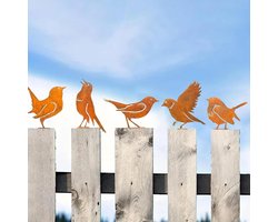 Tuindecoratie buiten - 5 Stuks Metalbird - Roestige vogels decoratie - metalen vogels beelden - Sfeer vogels - levensechte patina metalen vogels - tuin ornamenten silhouet - tuin hek decor - land tuin kunst - uinieren - Bruin/Roestkleur