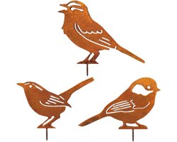 Tuindecoratie in de vorm van vogels - Antieke, roestige metalen platen - Set van 3 - Tuinornamenten voor buiten - Inclusief schroeven - Te gebruiken voor het versieren van hekken en bomen - Weerbestendig - Roestkleur - Ca. 20 cm