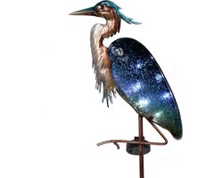 Tuindecoratie voor buiten, grijze reiger, tuinfiguur, zonnelamp voor buiten, tuinverlichting, metaal, glas, waterdichte padverlichting met grondpen, solarlamp voor moeder en