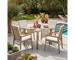 Tuineetset - Tuinmeubelset - Geschikt voor 4 Personen - Bestaande uit 1 Tafel en 4 Stoelen - Gegalvaniseerd Ijzer - Tafelblad van Kunststofhout - Kaki + Beige
