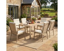 Tuineetset, Tuinmeubelset, Geschikt voor 6 Personen, Bestaande uit 1 Tafel en 6 Stoelen, Gegalvaniseerd Ijzer, Tafelblad van Kunststofhout, Kaki + Beige