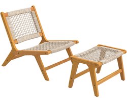 Tuinfauteuil met voetenbankje - 2 - delige set - FSC - gecertificeerd acaciahout - loungestoel voor buiten met rotan zitting - boho - stijl - verstelbare poten