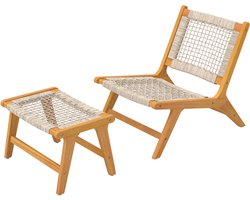 Tuinfauteuil met voetenbankje-2-delige set-FSC-gecertificeerd acaciahout-loungestoel voor buiten met rotan zitting-boho-stijl-verstelbare poten