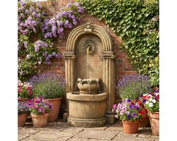 Tuinfontein, decoratieve fontein, vrijstaande fontein, antieke stijl — 230V waterval-waterelement voor tuin, vijver, terras en balkon — Met kraan, bassin en boogvormig ontwerp