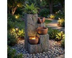 Tuinfontein / Sierfontein, vrijstaand, antieke stijl, 230V waterval-waterelement voor tuinen, vijvers, terrassen en balkons — Voorzien van een kraantje, bassins en drie niveaus met stromend water
