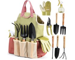 Tuingereedschap - 9 stuks tuinset - Tuingereedschapstas - Inclusief een complete set robuust tuingereedschap en een stijlvolle draagtas - Duurzame tuinset - Inclusief gereedschap, snoeischaar, tas en gieter - Een ideaal tuincadeau voor vrouwen -Groen