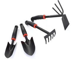 Tuingereedschap - Plantgereedschap 4-delige set - Schep, hark en grondfrees - Roestbestendig ijzer met rubberen handvatten - Geschikt voor bloemperken en kamerplanten (groen en zwart)