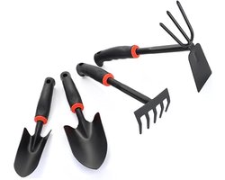 Tuingereedschap - Plantgereedschap 4-delige set - Schep, hark en grondfrees - Roestbestendig ijzer met rubberen handvatten - Geschikt voor bloemperken en kamerplanten (groen en zwart)