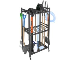 Tuingereedschap rek – Gereedschapsrek / Garden Tool Organizer voor Tuinhuis, Garage & Tuinieren – Tuingereedschap opbergsystemen – Met 4 Zwenkwielen & 3 Opberghaken – Verrijdbaar, Ruimtebesparend & Roestvrij - Zwaar Staal - Zwart - 79.4x43x30 cm