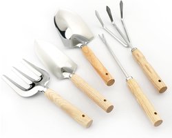 Tuingereedschapset, hoogwaardige 5-delige, zware tuingereedschapset, inclusief schep, handhark, verplanter, grote troffel en 5-klauws cultivator, gemaakt van roestvrij staal met antislip houten handgrepen