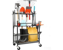Tuingereedschapsorganizer met Remwielen, Zwaarbelaste Metalen Tuingereedschapstandaard, 16 Vakken & 19 Haken voor Langsteelgereedschap, Slang en Gazonhark, Ideaal voor Garage, Schuur & Buitengebied