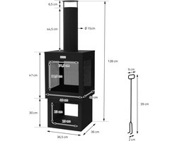 Tuinhaard met schoorsteen 128x40 cm vierkant zwart stalen terrasverwarmer met pook verwijderbaar dak ML design